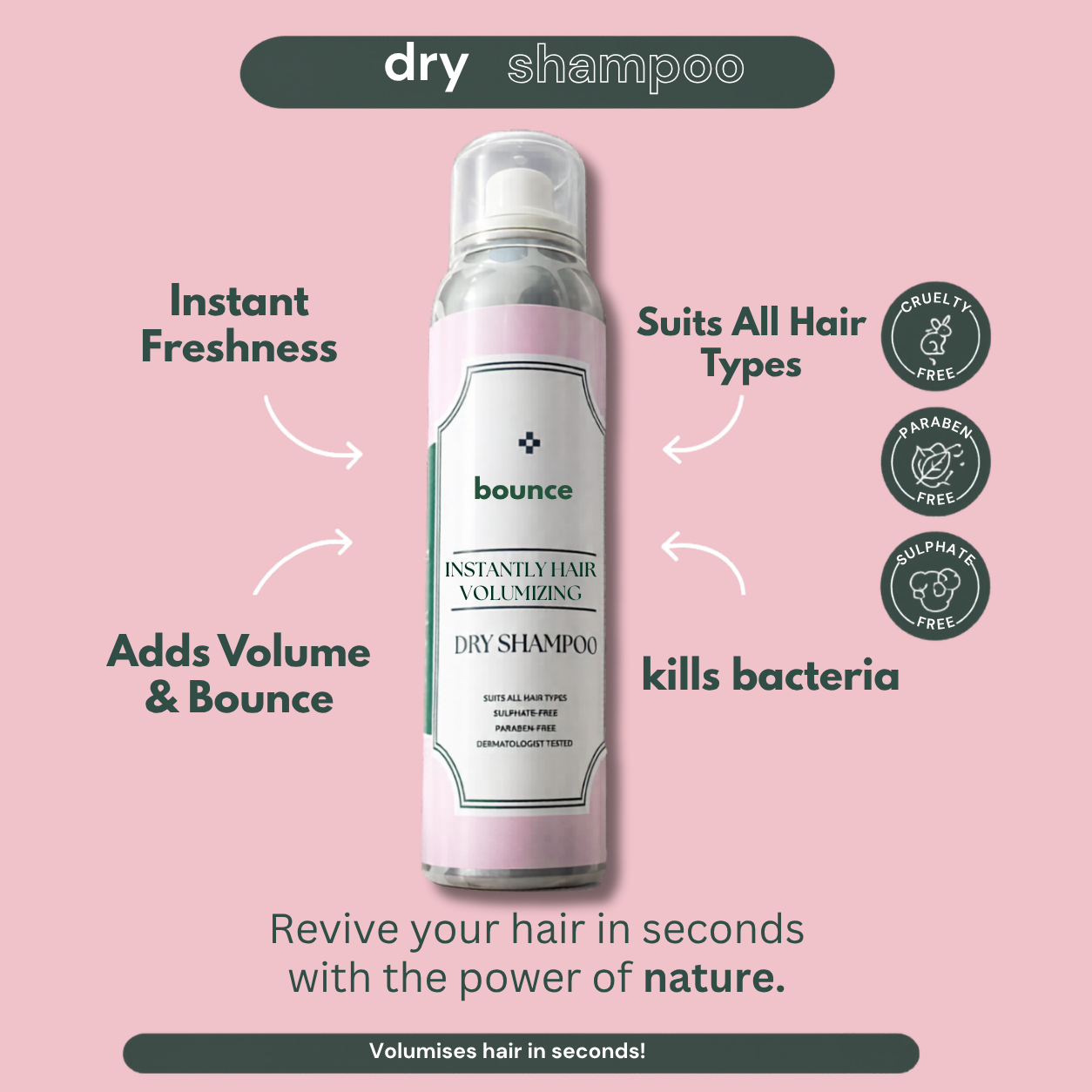 Bounce Dry Shampoo can for instant volume and oil control